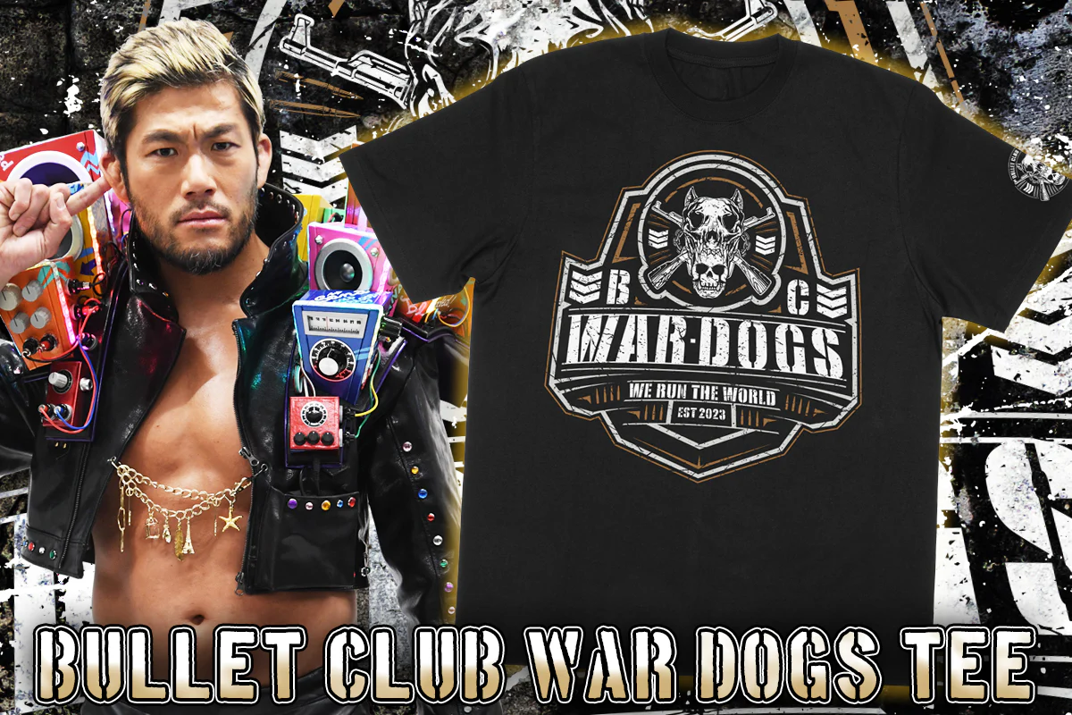 【クリアランスセール】BULLET CLUB WAR DOGS「WE RUN THE WORLD」Tシャツ(ブラック×ゴールド)